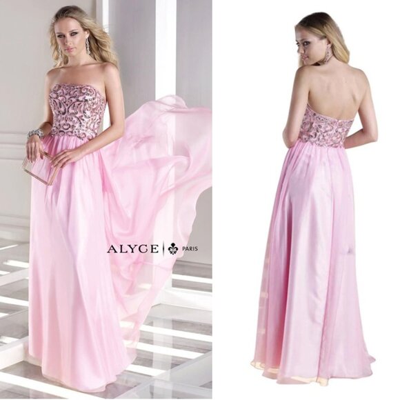 Alyce Paris Dresses & Skirts - Alyce Paris Cosmo Pink Chiffon Strapless Prom Dress Gold Sequin Bodice Size 14